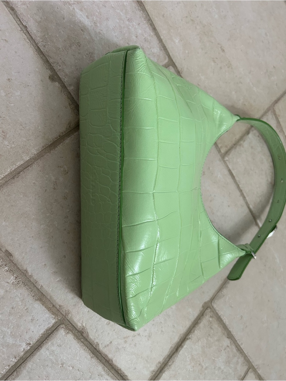 STAUD Women Patent Leather Croc-Embossed Shoulder Bag, Light Green, Metal Logo - Picture 8 of 10